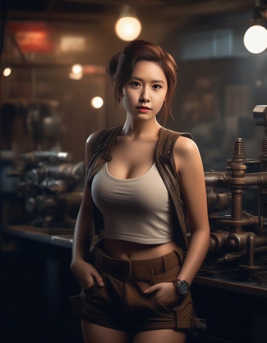 AI generated: wide shot photo of a stunningly beautiful curvy dieselpunk young woman mechanic with brown hair up i...