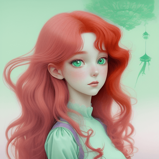 AI generated: Romance meets surrealism, close-up shot of a dreamy girl with wavy red hair, manga-style, bottle-gre...