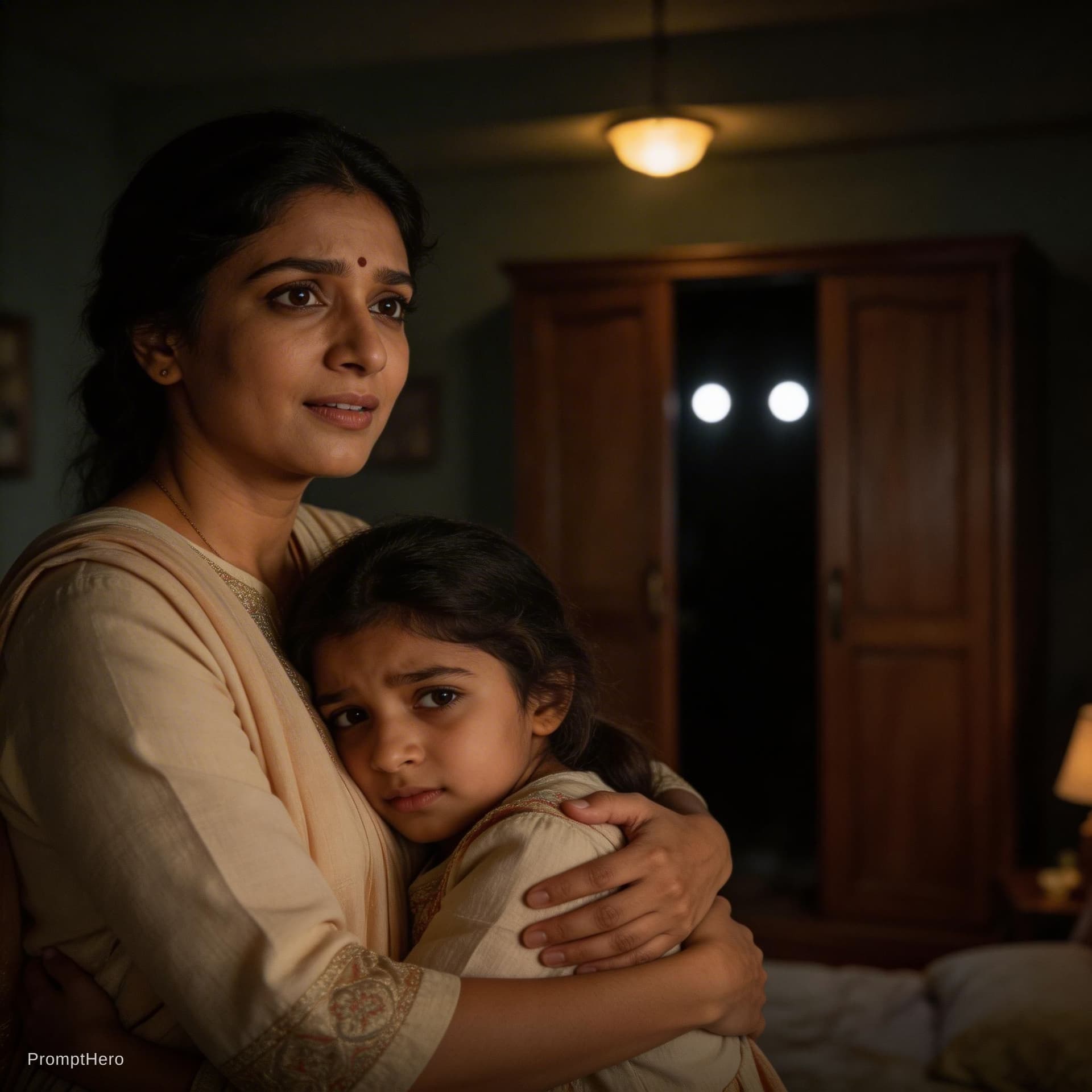 AI generated: Shot Description: A medium shot of the mother, Priya, comforting her daughter. Priya has a reassurin...