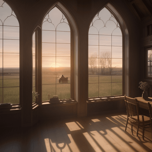 AI generated: a wonderful house in the plains, featuring large window, the sunset light is reflected in the window...