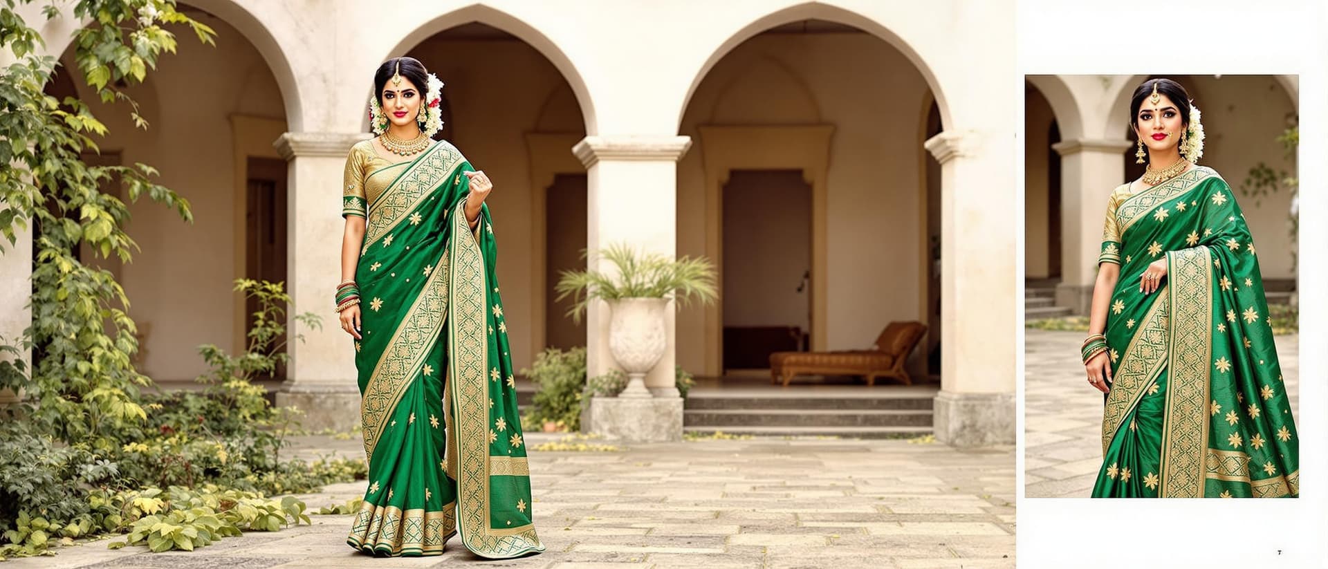 AI generated: A woman in a luxurious emerald green silk saree, with intricate gold zari work along the borders. Th...