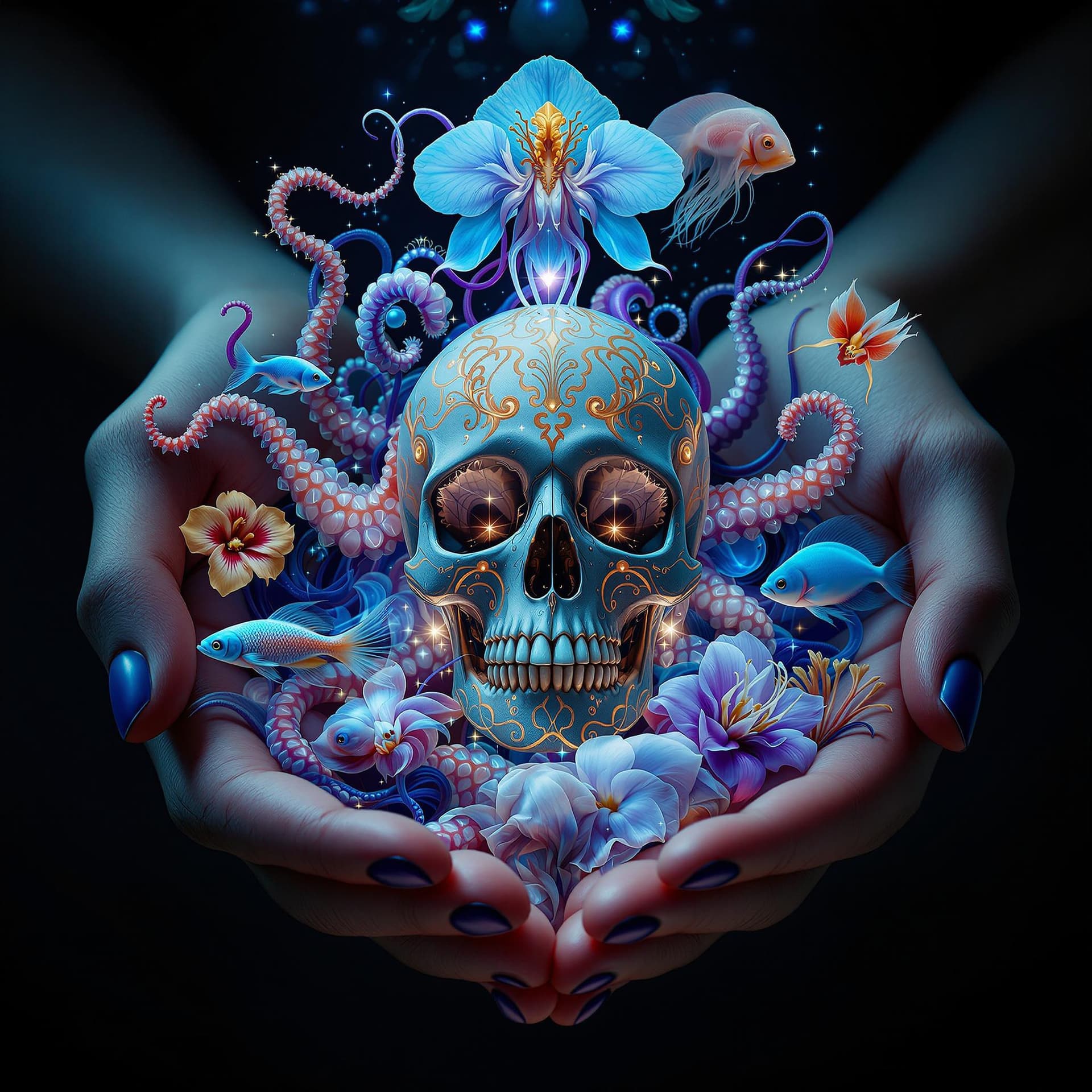 AI generated: A womans hands holding an imaginary octapuss, jellyfish, nautilus, orchid, skull, betta fish, biolum...