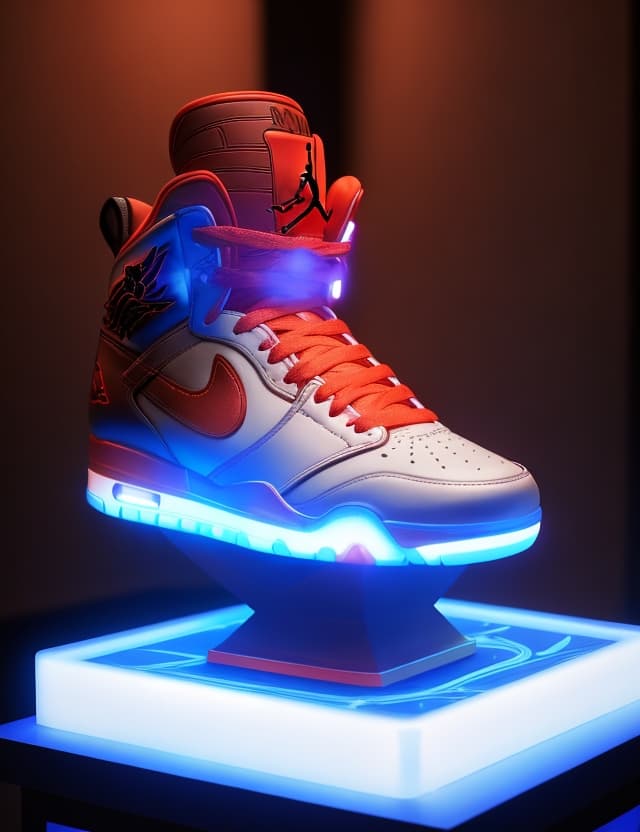 AI generated: Render of  ( (red , white 1:3 ) high-tech air jordan leather shoes , hyper detail , signifying their...
