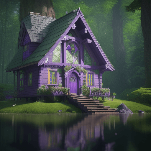 AI generated: A serene purple wizard's house nestled in the middle of a green forest with a scenic path and a tran...