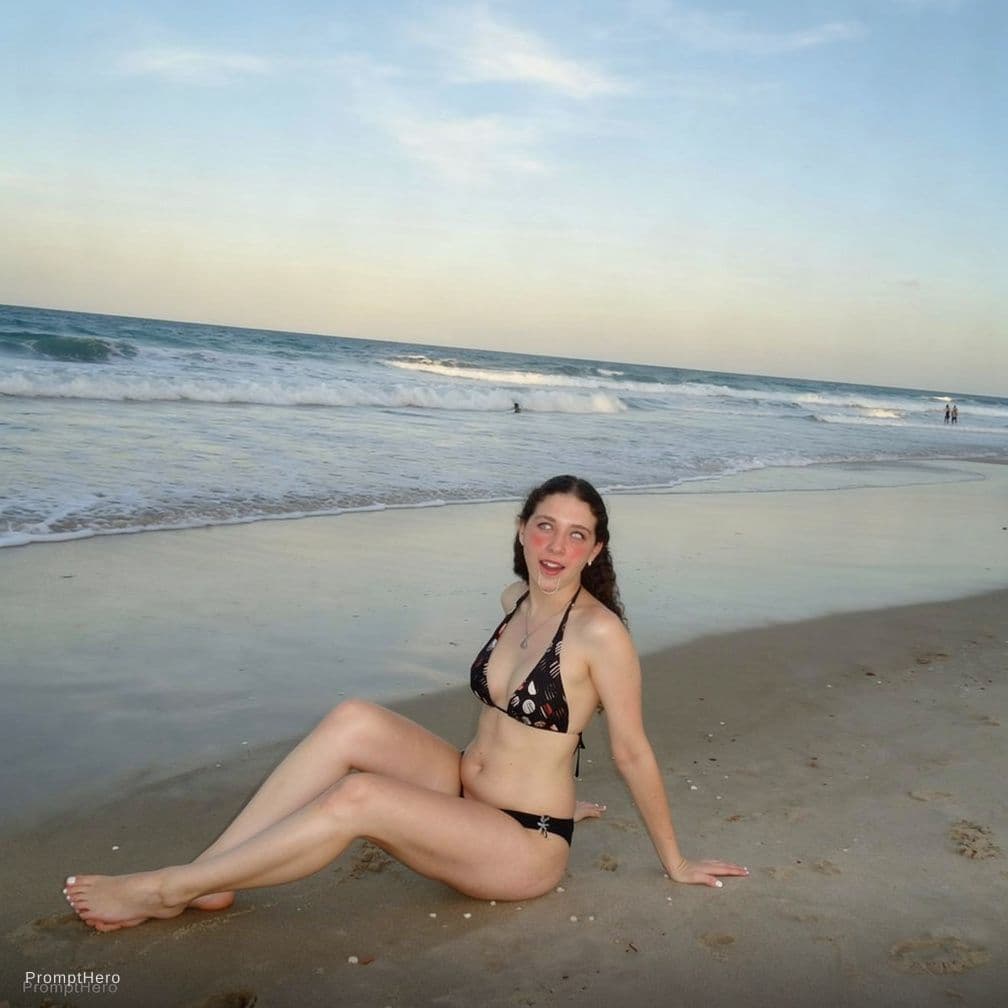 AI generated: Make she sitting in the sand with her legs open to the camera.