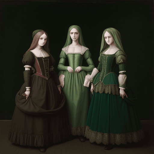 AI generated: three women in renaissance costume stand in a dark background, in the style of contemporary realist ...