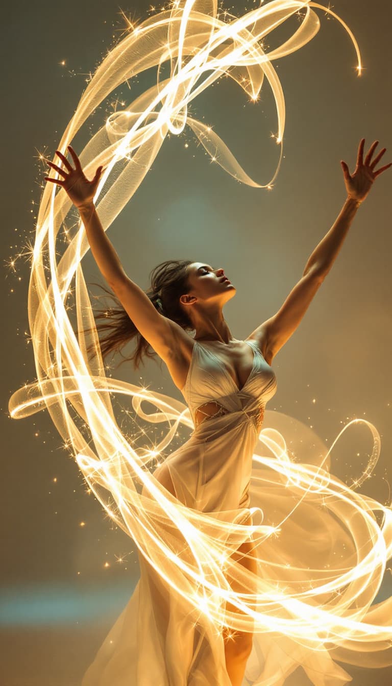 AI generated: A dynamic, full-body image of a woman manipulating a giant, ribbon of light, her form moving with gr...