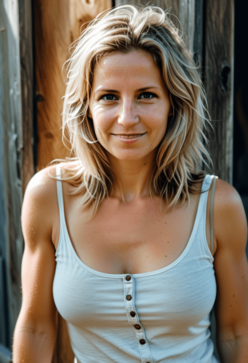 AI generated: This is a photograph of a woman with shoulder length blonde hair and dark roots. She's wearing a low...