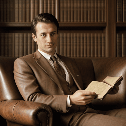 AI generated: a portrait of a lawyer doing his reading, classic suit, old book, classic setting, english brown lea...