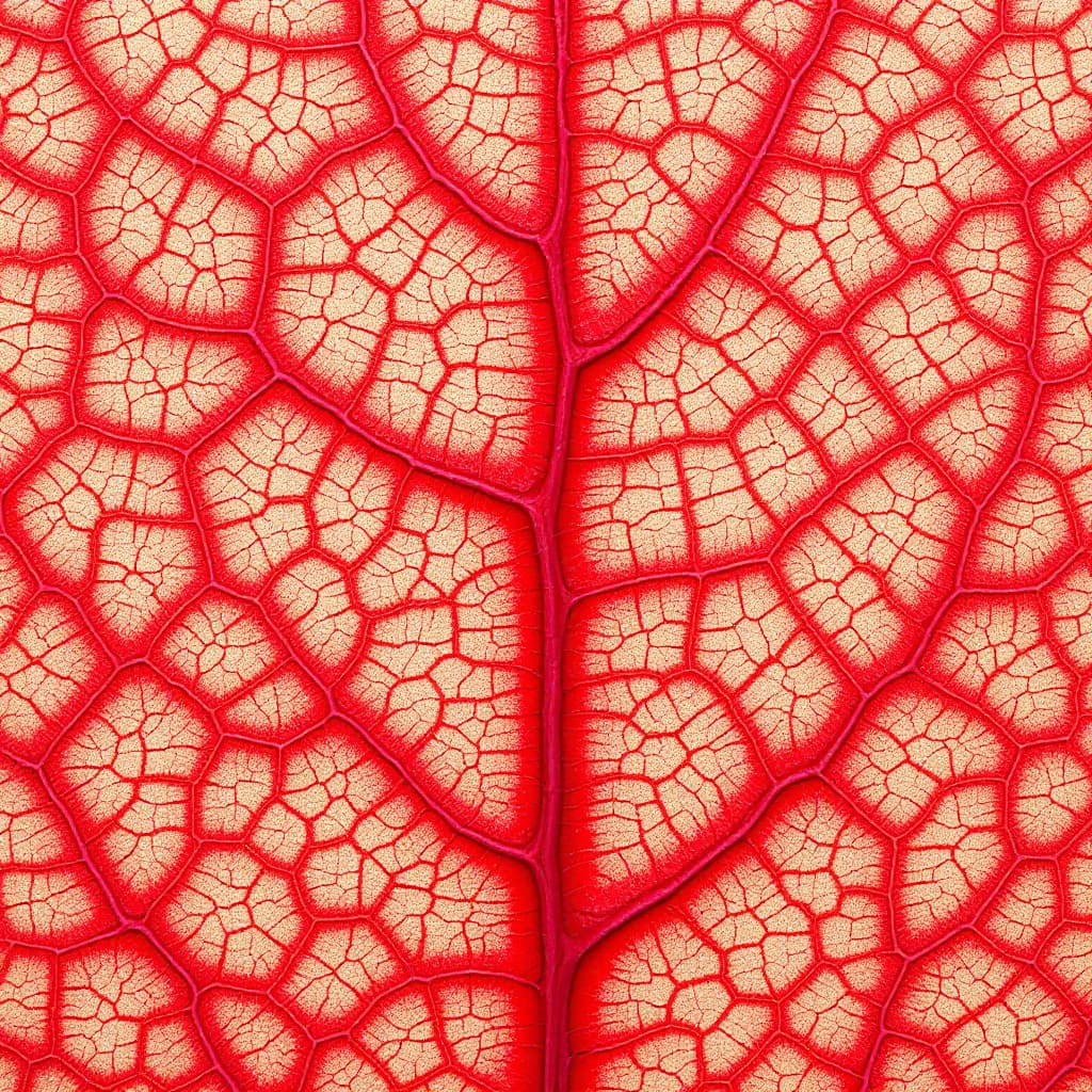 AI generated: A highly detailed close-up of a red leaf with prominent, raised red veins spreading across its surfa...