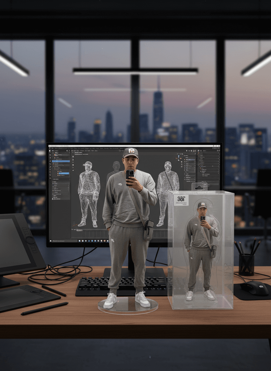 AI generated: Transforming the photographed person into a realistic 3D figurine in front of a computer desk. The c...