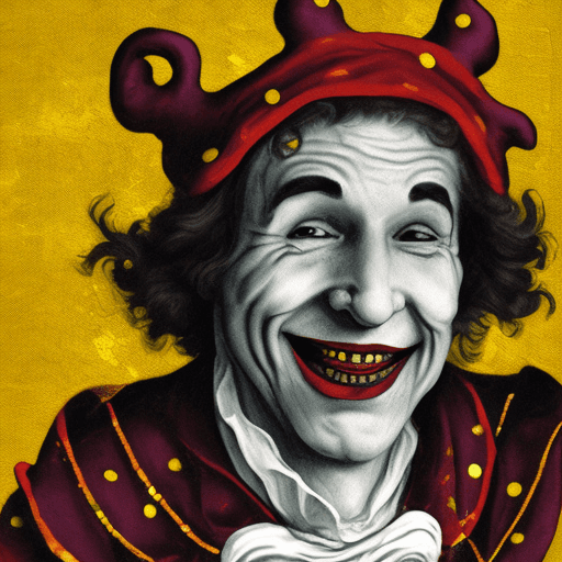 AI generated:  jester in a jester's hat with three bells smiles, sincere, kind, smile, yellow and black colors, lo...
