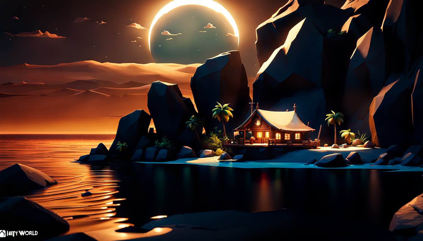 AI generated: extremely detailed CG unity 8k wallpaper, dazzling waves, huge low poly rocks, 4k, uhd, extremely de...