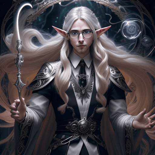 AI generated: A male elf archivist with glasses with long blond hair wearing a ornate clothes of silver and black,...