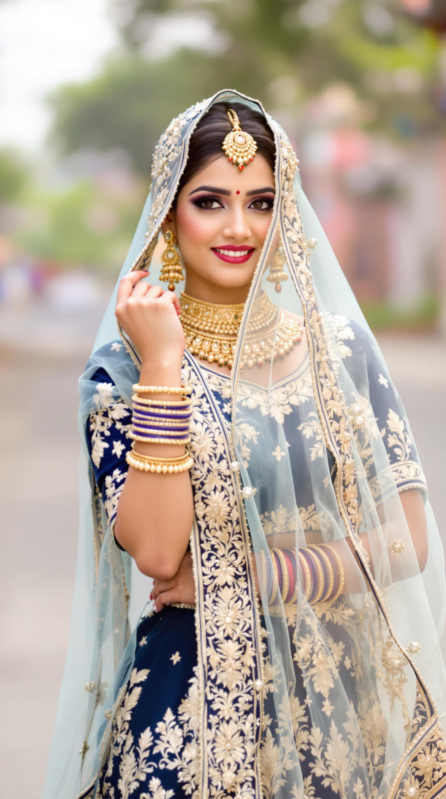 AI generated: "A beautiful Rajasthani woman in a traditional navy blue and gold embroidered lehenga, standing grac...