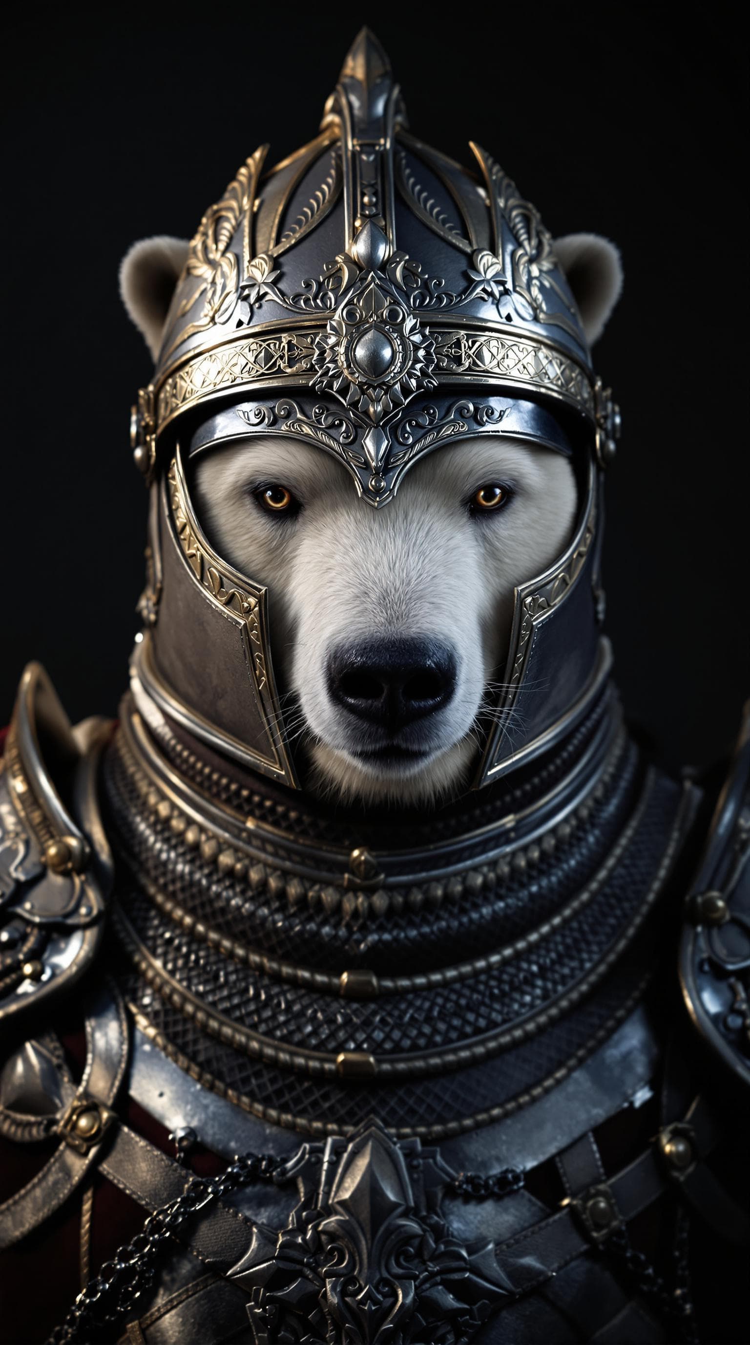 AI generated: polar bear knight wearing helmet, portrait, finely detailed Armor, intricate design, silver, silk, c...