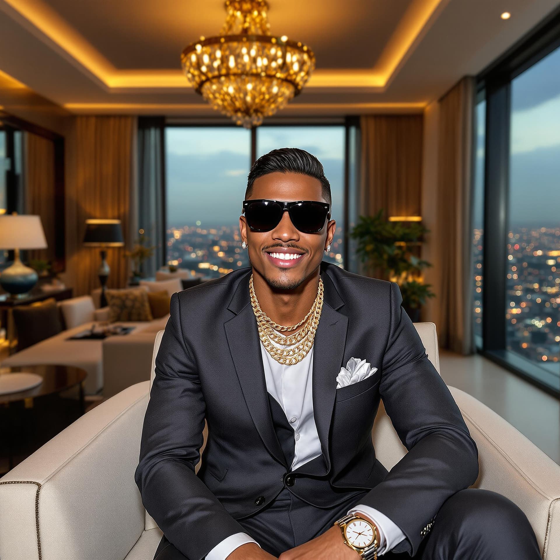 AI generated: a front view of an A well-dressed young man in a sleek, tailored suit sits confidently in a modern, ...