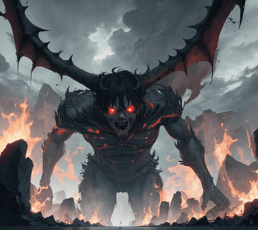 AI generated: Male character with Demon Face, with red skin, sharp horns, red eyes and sharp teeth, Buffalo horns,...