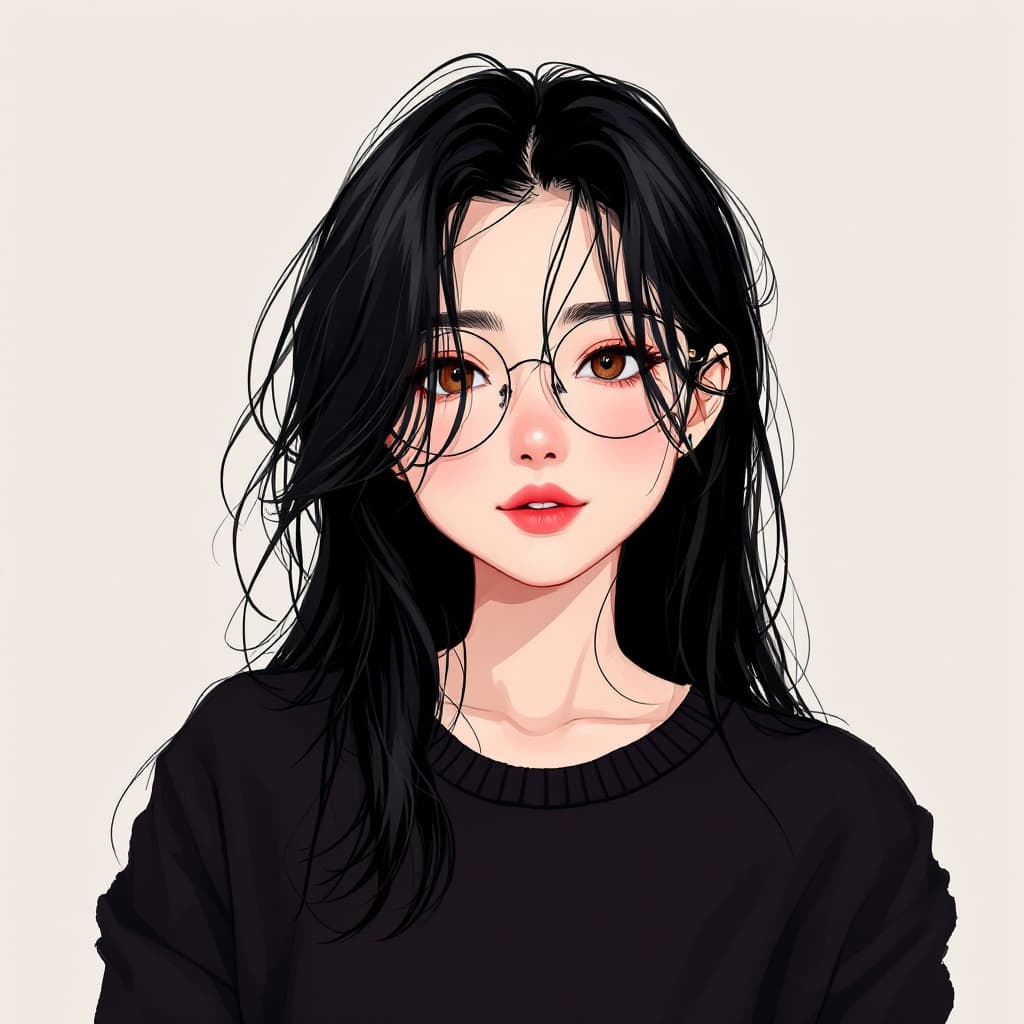 AI generated: anime female, tartan skirt, plain jumper, long messy black hair, short woman, curvy figure, brown ey...