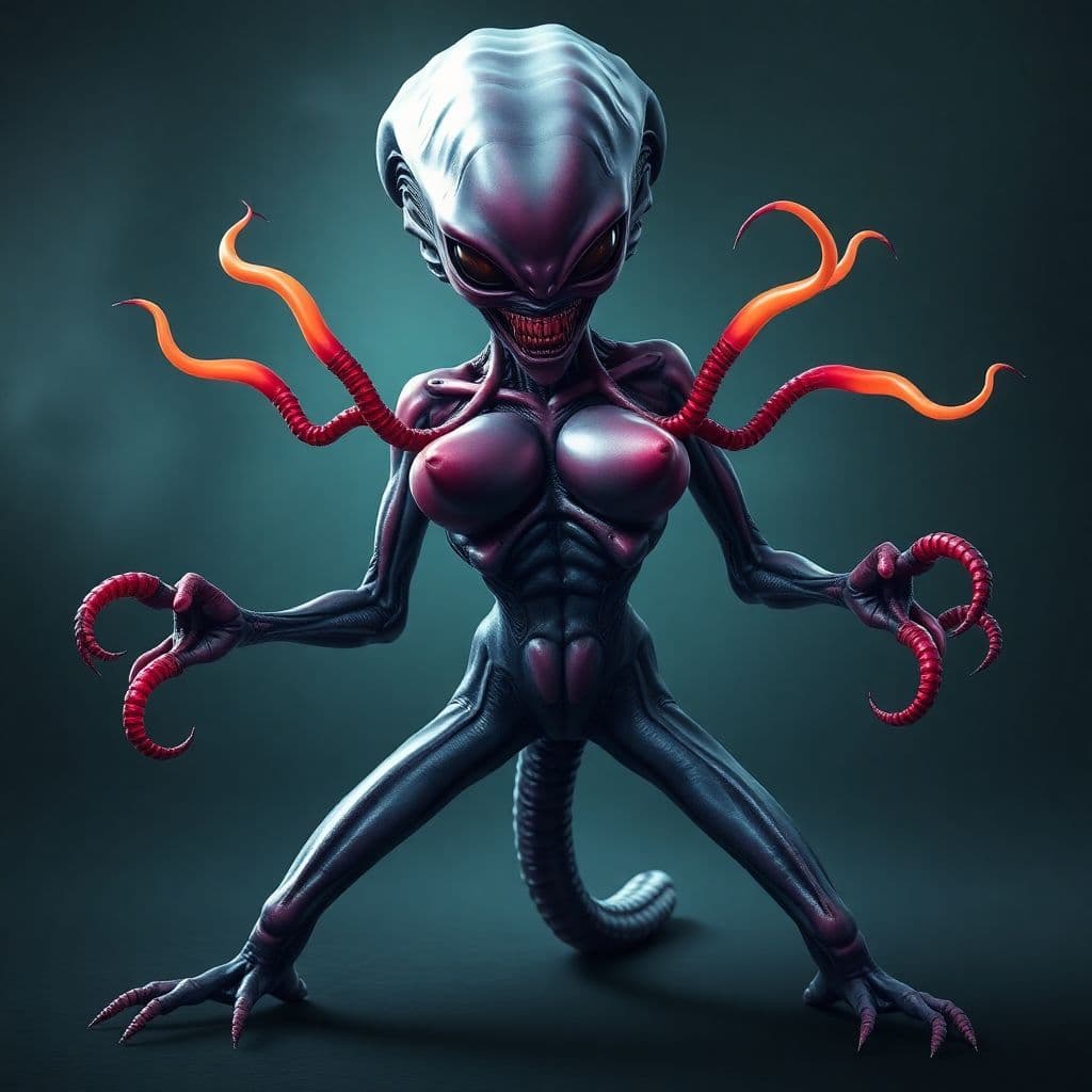 AI generated: Alien Futa with squirting penis tentacles, big breasts, spread legs, aggressive, nasty, sexy, pornog...