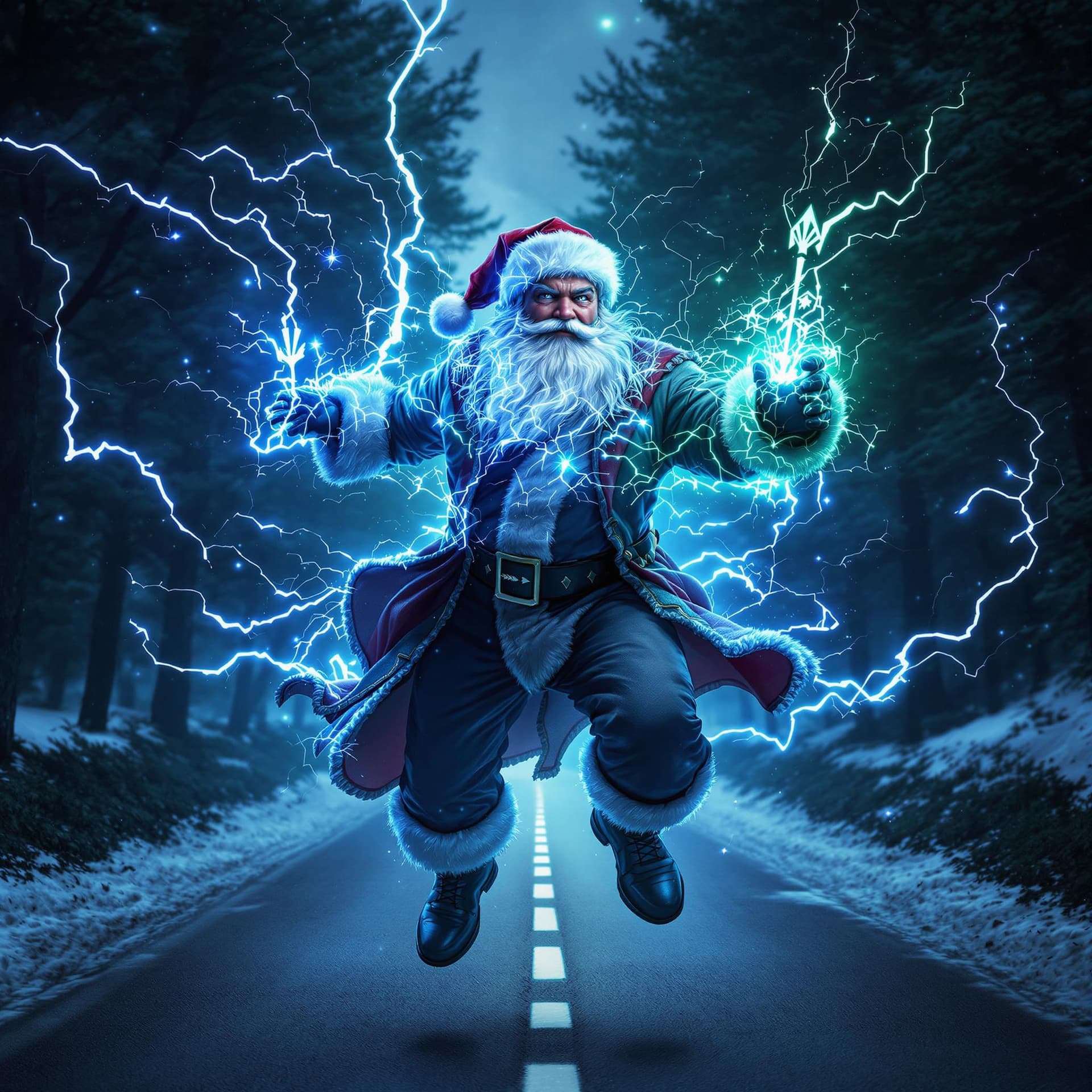 AI generated: an santa wearing gray linen is depicted in an action pose, swirling thunder and lightning with an ar...