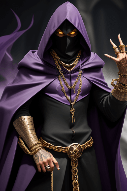 AI generated: Shadow wizard money gang, in purple cloak hood, dark face, gold chains and jewellery