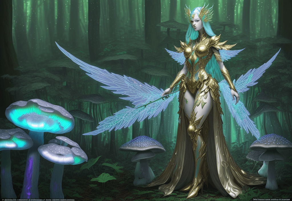 AI generated: Guardian of the shrooms and dmt armored, woman with iridescent, wing-like pauldrons, standing tall a...