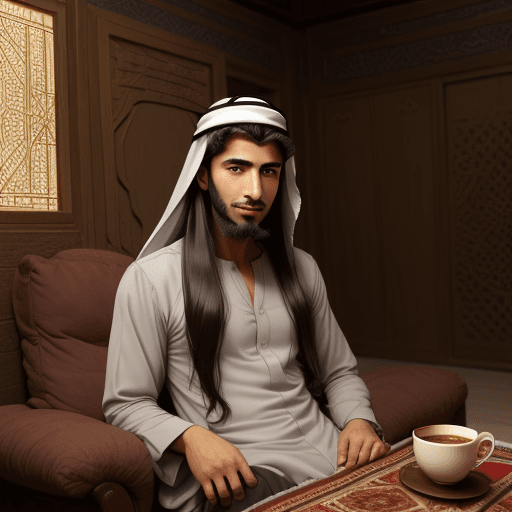 AI generated: arabic man, sitting in his old house, face, 23years old, drinking arabic coffe, anime style, long ha...