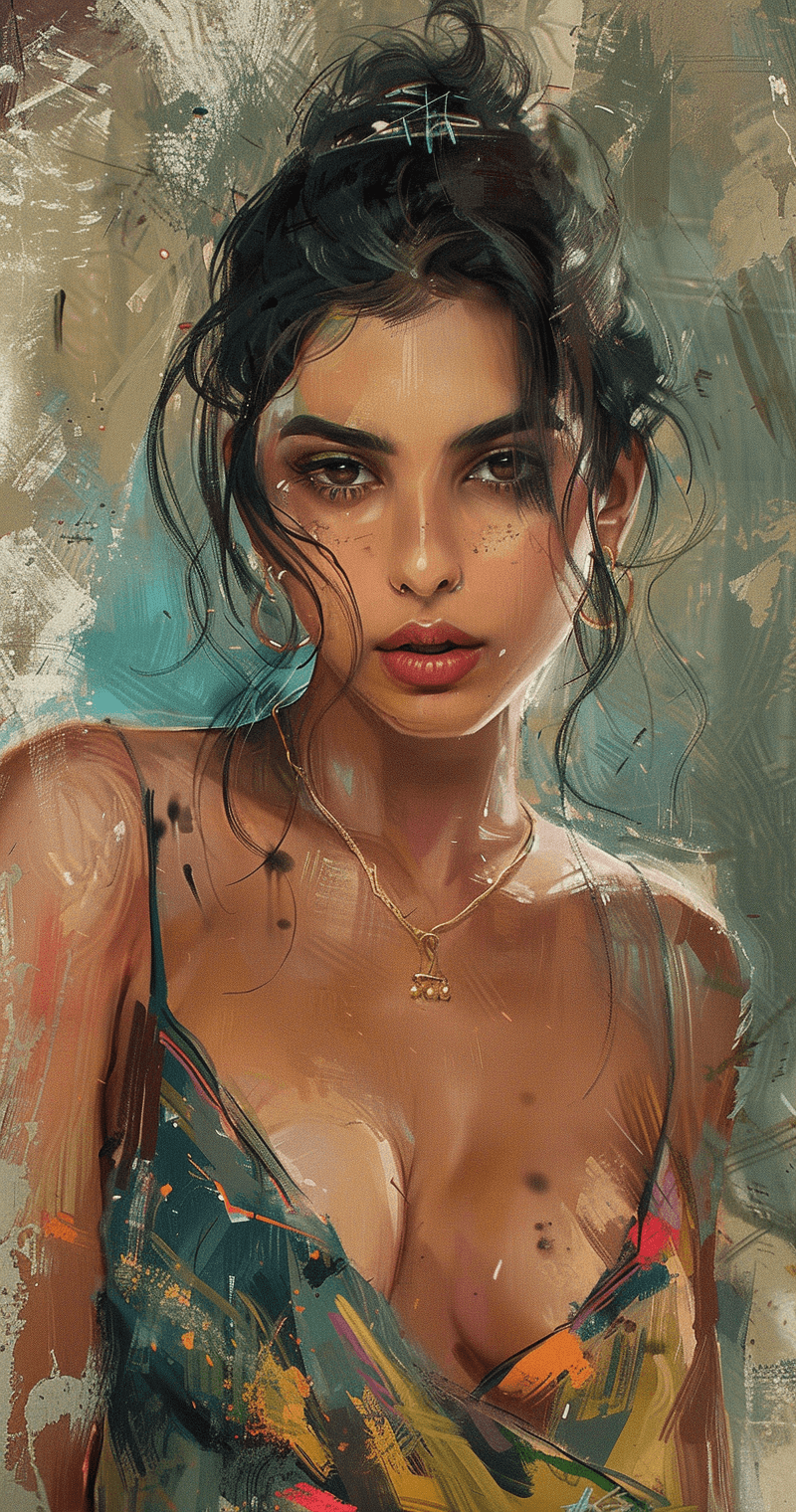 AI generated: portrait of a Bollywood actress, in the style of xbox 360 graphics, sultry but dignified, loose hand...