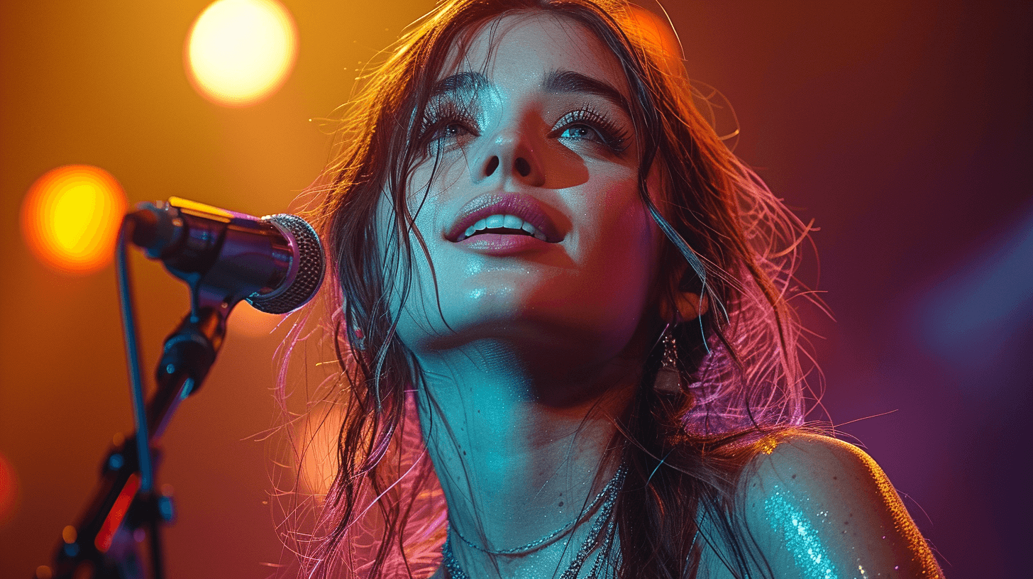 AI generated: female rockstar, distance photo, At the concert, a talented female singer - songwriter takes the sta...