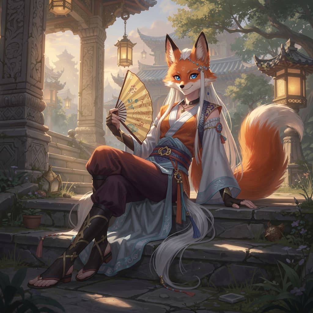 AI generated: Semi-anthropomorphic, animalization, animal feet, digitigrade, [[deformed]], species: fox, animal ea...