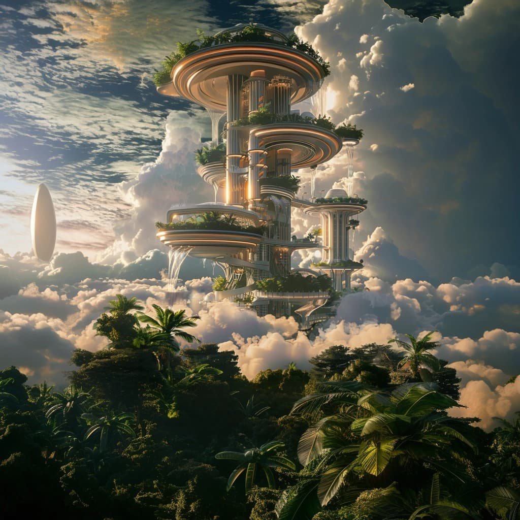 AI generated: futuristic and fantasy building, clouds around it, plants surrounding it, aesthetic and beautiful, u...