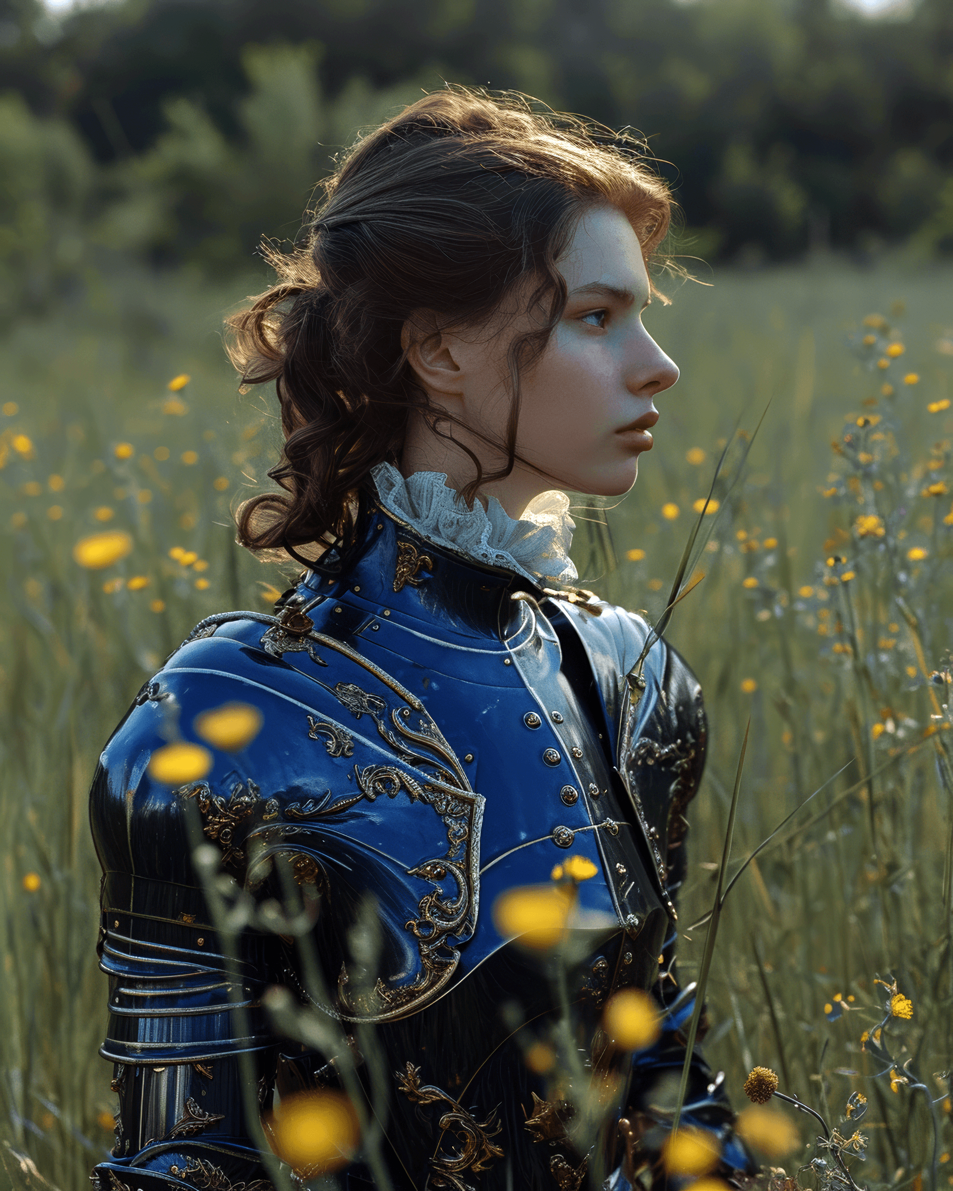 AI generated: Standing royal lady knight in in blue shiny armor, meadow, in the style of laura makabresku, joel st...