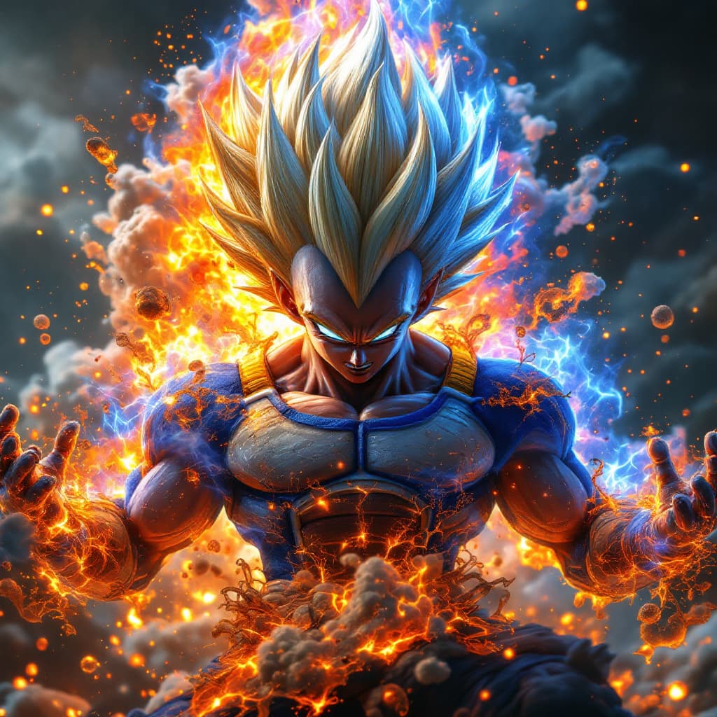 AI generated: Vegeta from Dragon Ball Z transforms into Super Saiyan God Stage. Spectacular texture of spontaneous...