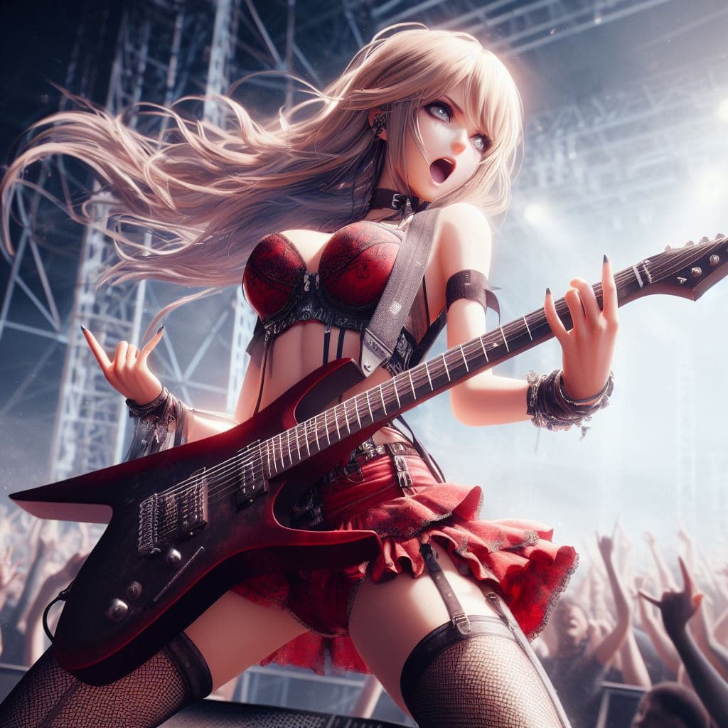 AI generated: A badass blond girl wearing a red short, playing hard core on a stage during concert, holding electr...