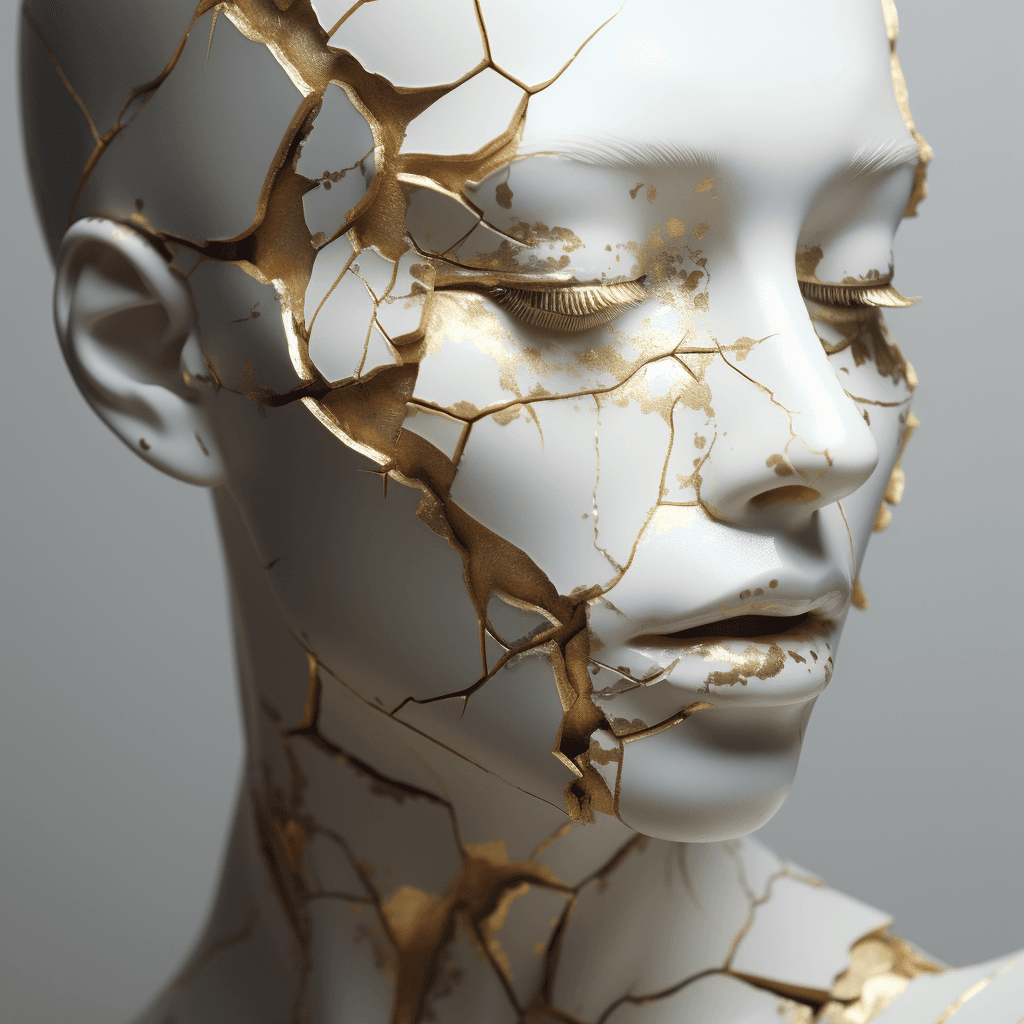 AI generated: Porcelain portrait, repaired using Kintsugi.