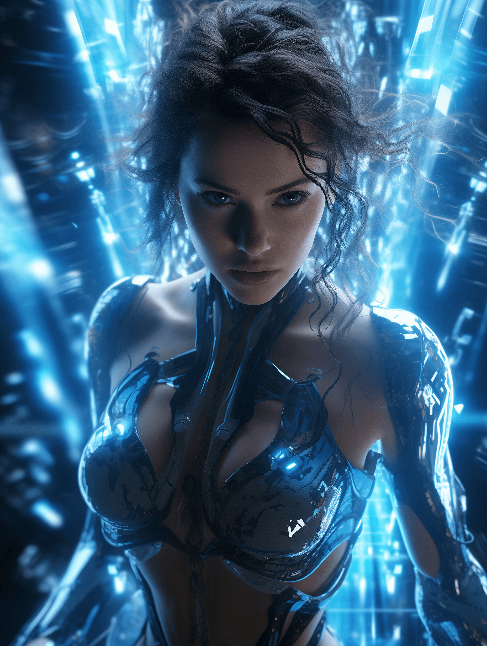 AI generated: Cybernetics, action movie protagonist, female warrior, virus, cyberspace, repeating patterns, unreal...