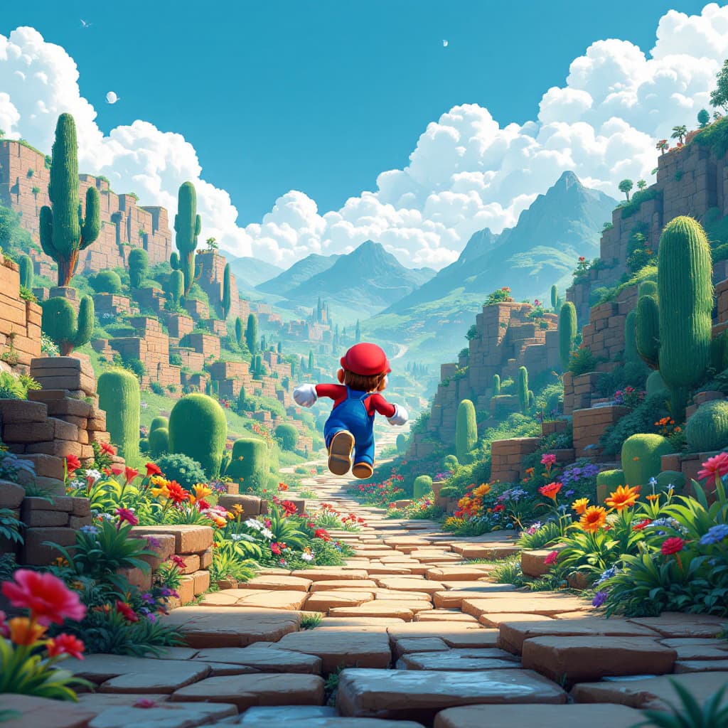 AI generated: Em uma versão TRAQUILA e CALMA do mundo de Mario, Mario corre por um caminho CLARO e tortuoso, ladea...