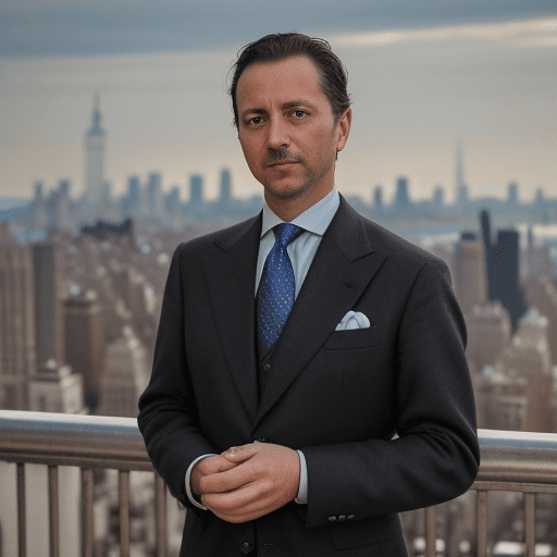 AI generated: 40 year old male, confident, classy, looking a little bit down into camera, aristocratic, banker, we...