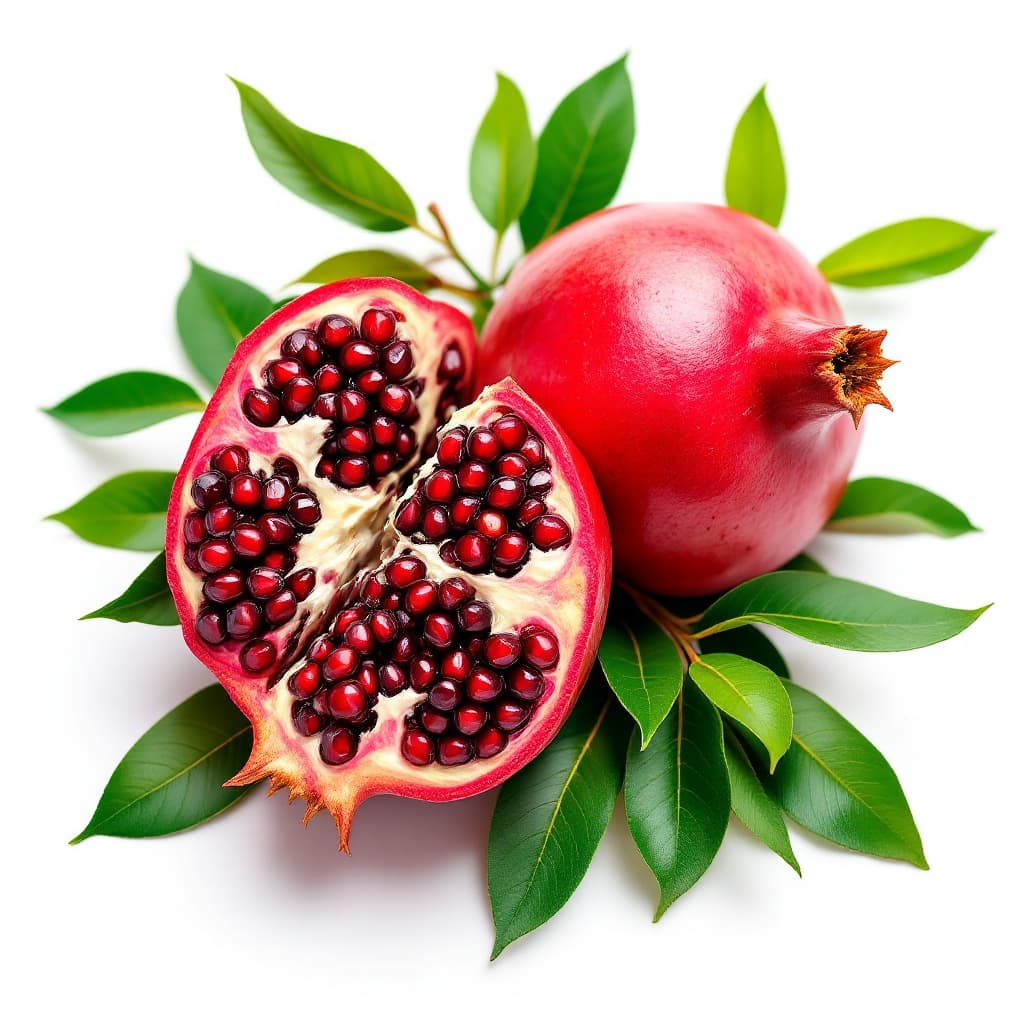 AI generated: Photorealistic pomegranate, vibrant red fruit, cut open revealing seeds, whole pomegranate, green le...
