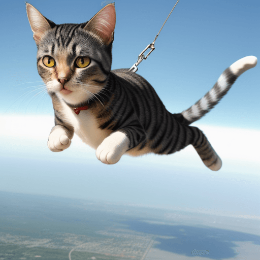 AI generated: A cat, jumping from a plane,to,his owner.