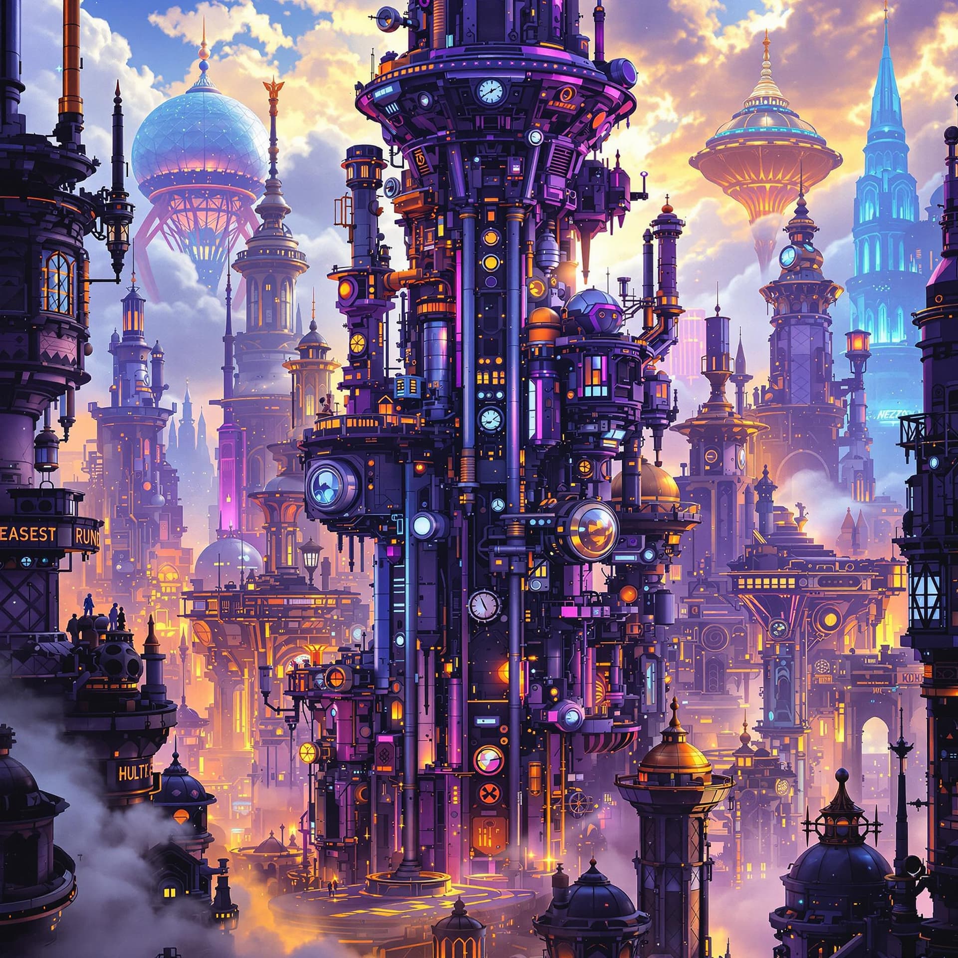 AI generated: City of the future. There are many futuristic purple and blue buildings throughout the city." Envisi...