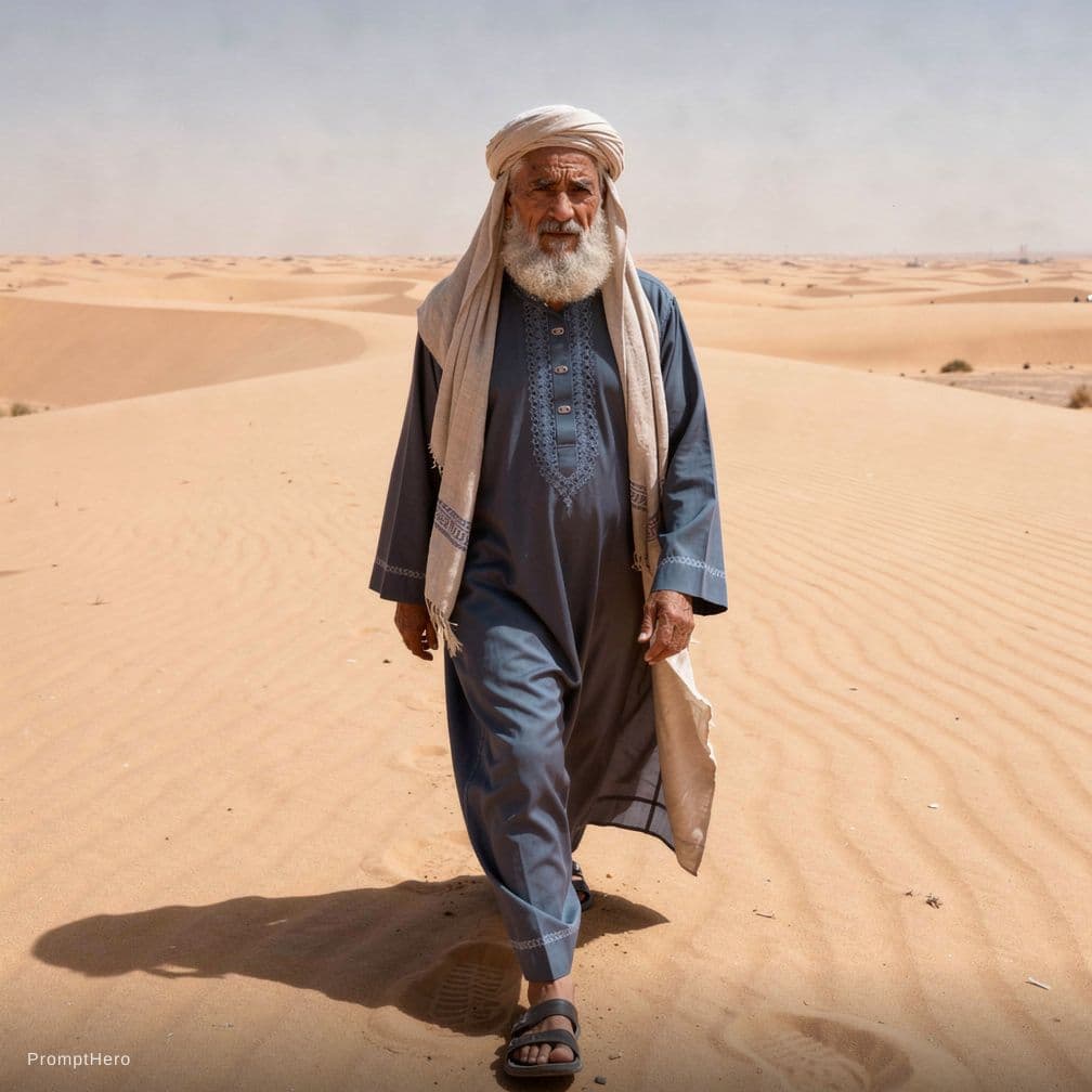 AI generated: An old Muslim man walking in the desert