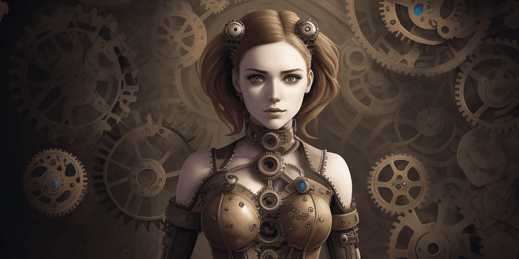 AI generated: female android consists of gears and mechanisms in steampunk style. face, hands are a mechanism. sta...