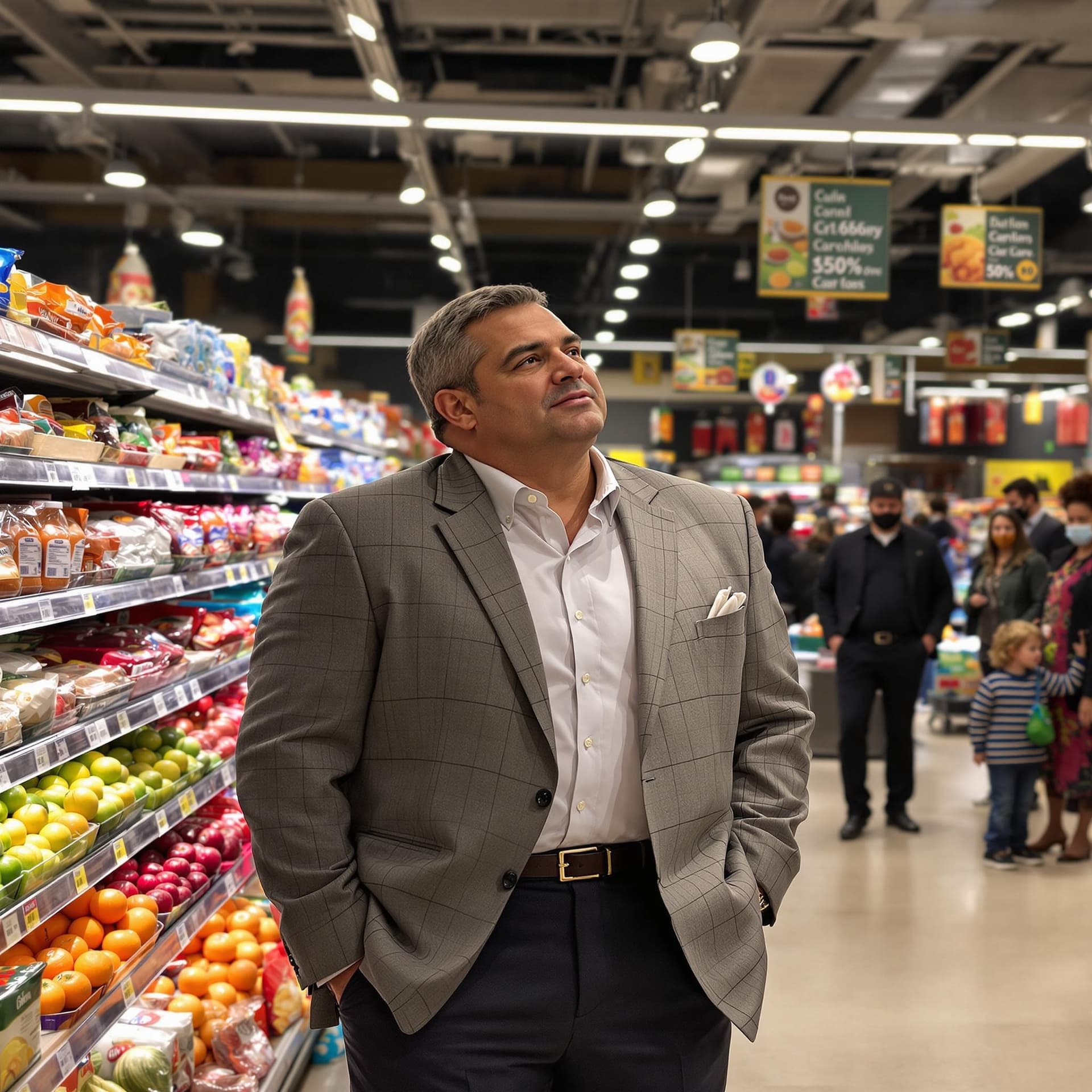 AI generated: In the photo we see how the chief regional administrator of chain grocery stores enters the store in...