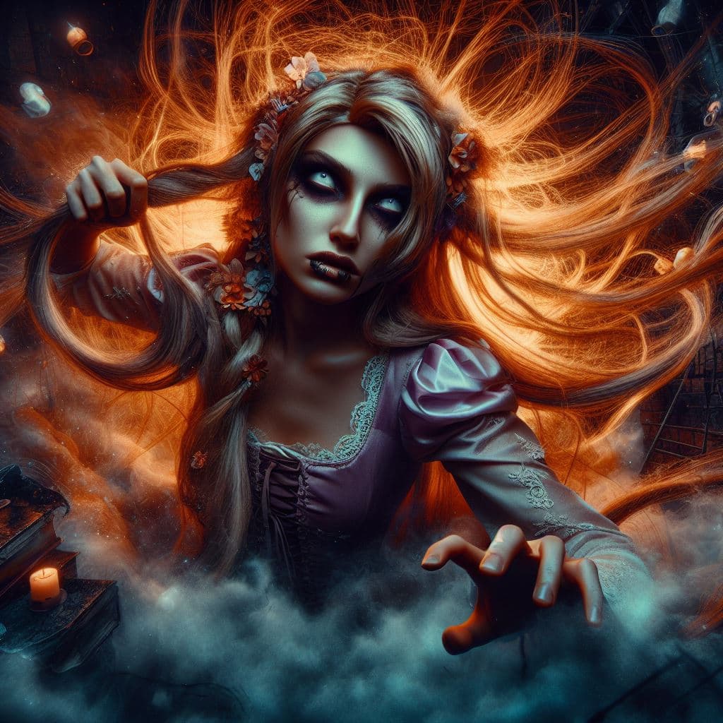AI generated: heavy nightmare Version of Rapunzel,from the Movie Tangled, photorealism, fantasy, dynamic lighting,...