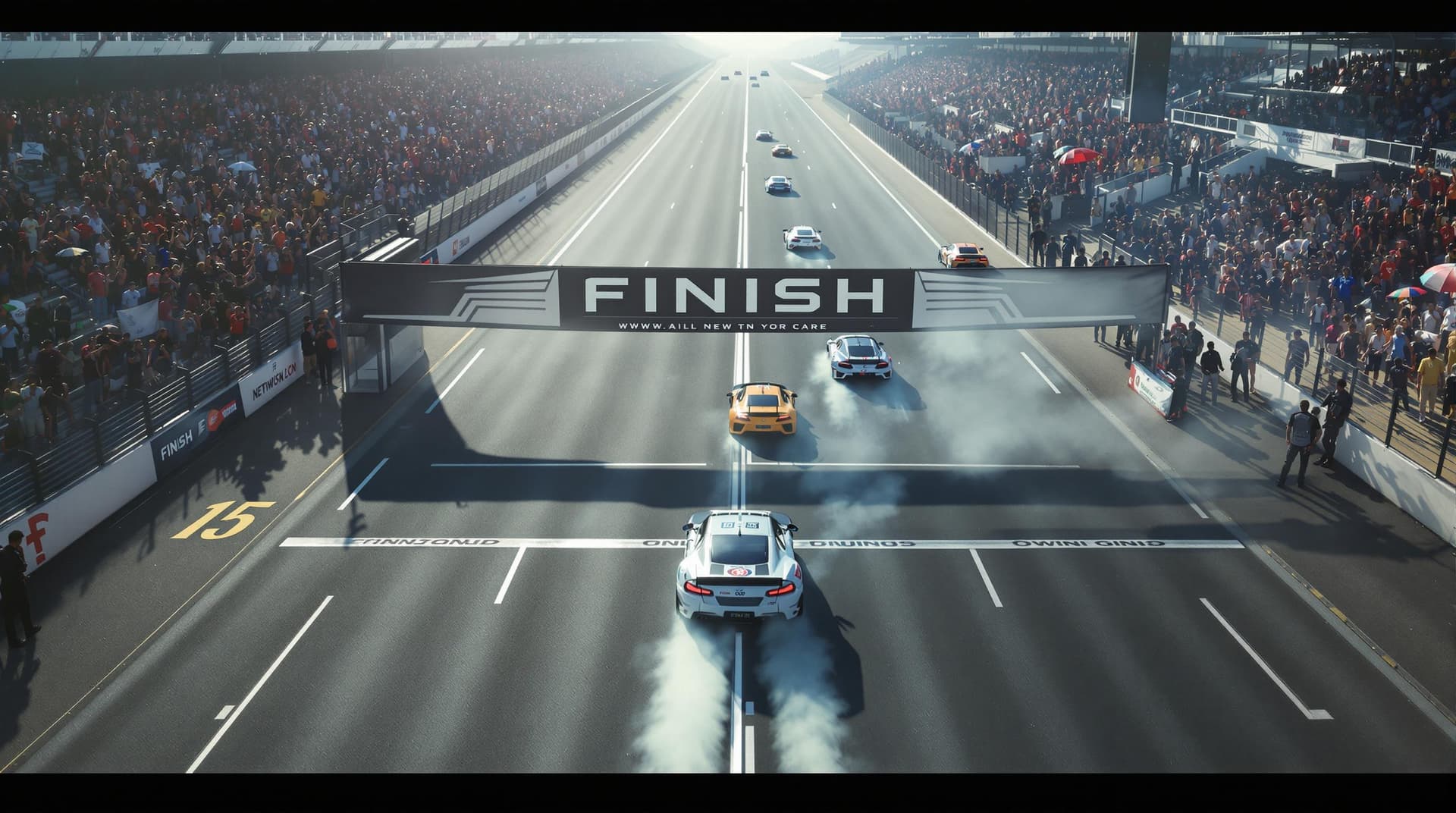 AI generated: The wide track is well lit by the sun.  Tension is increasing. A FINISH banner over the wide race co...