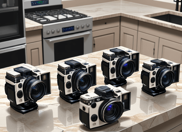 AI generated: Four cameras, arranged in a line on a countertop, front elevation view, photo realistic, highly deta...