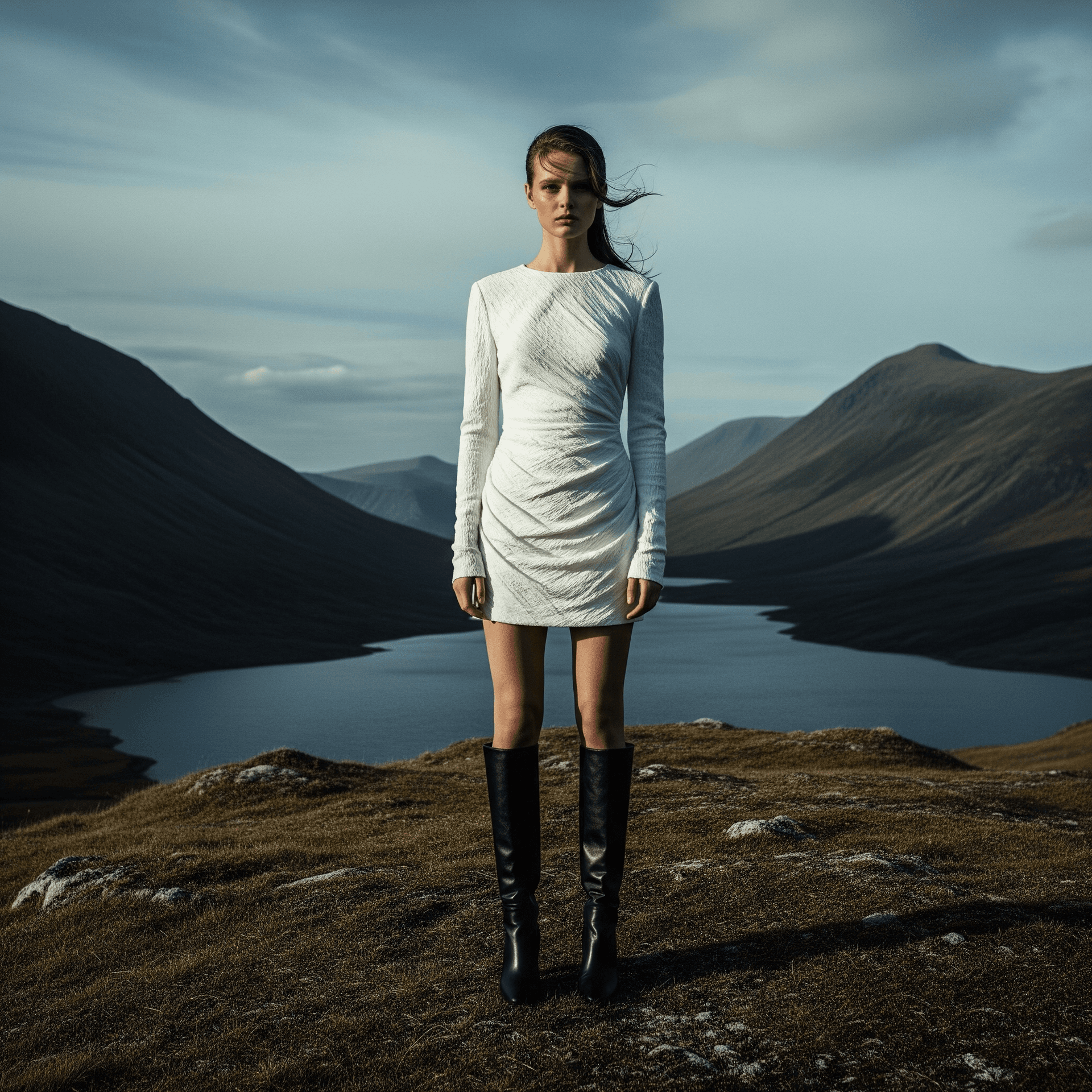 AI generated: Full-body portrait of a model in a white long-sleeve mini-dress and black tall boots, standing on a ...