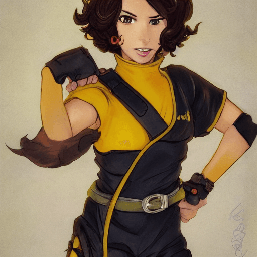 AI generated: absurdres, april o'neil, 1girl, short brown hair, black eyes, upper body, yellow jumpsuit, sleeves r...
